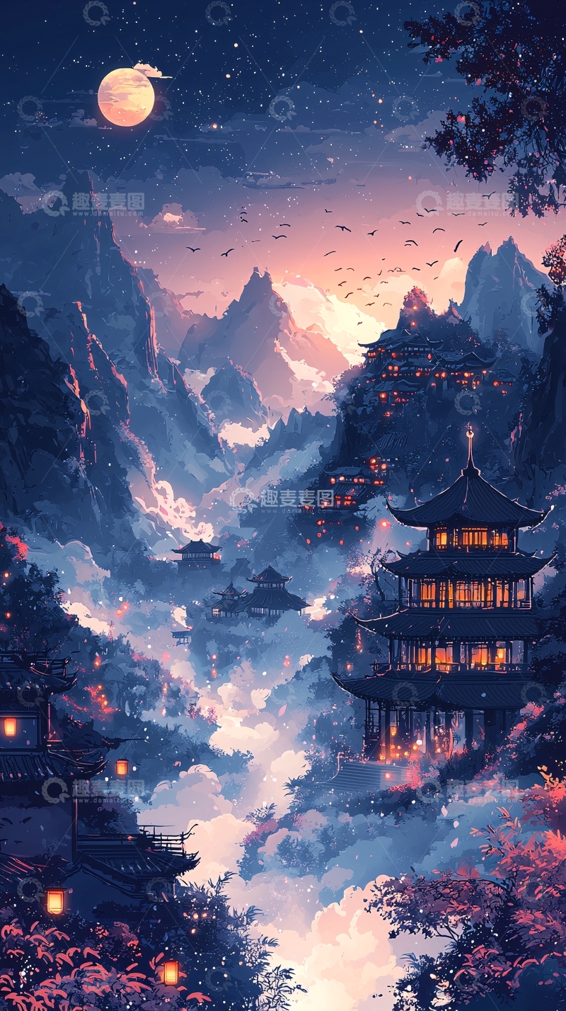 高清大图下载【趣麦麦图】月夜山间古镇