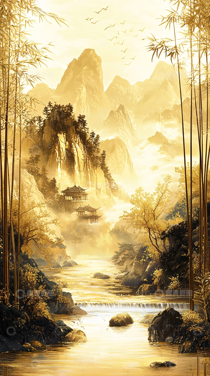 高清大图下载【趣麦麦图】金色山水画