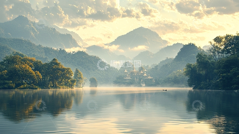 高清大图下载【趣麦麦图】清晨湖光山色