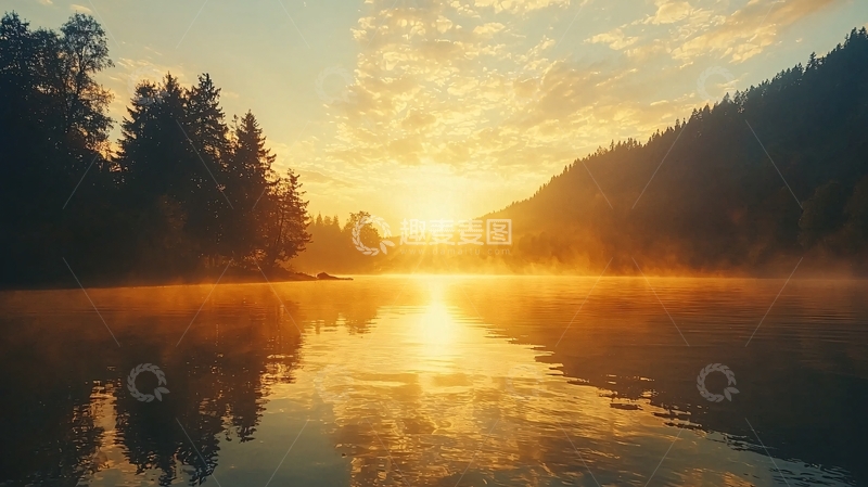 高清大图下载【趣麦麦图】清晨湖面日出景色