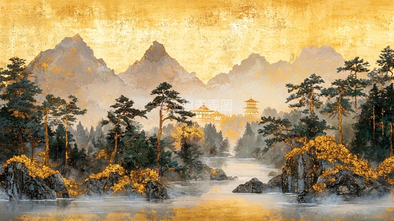 高清大图下载【趣麦麦图】金色山水画背景