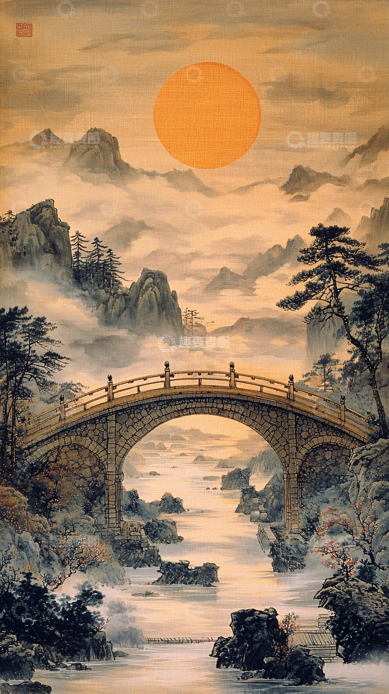 高清大图下载【趣麦麦图】山水桥梁水墨风格唯美图