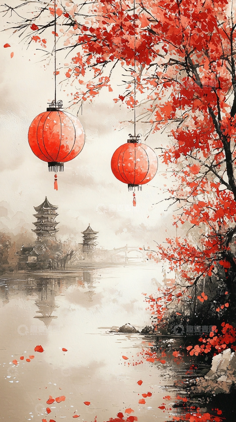 高清大图下载【趣麦麦图】红叶灯笼水墨风唯美意境
