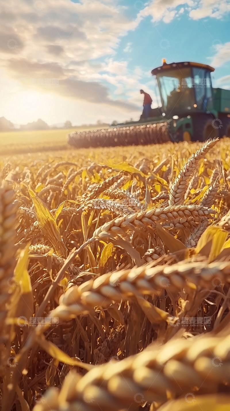 高清大图下载【趣麦麦图】金色麦田收割机日落