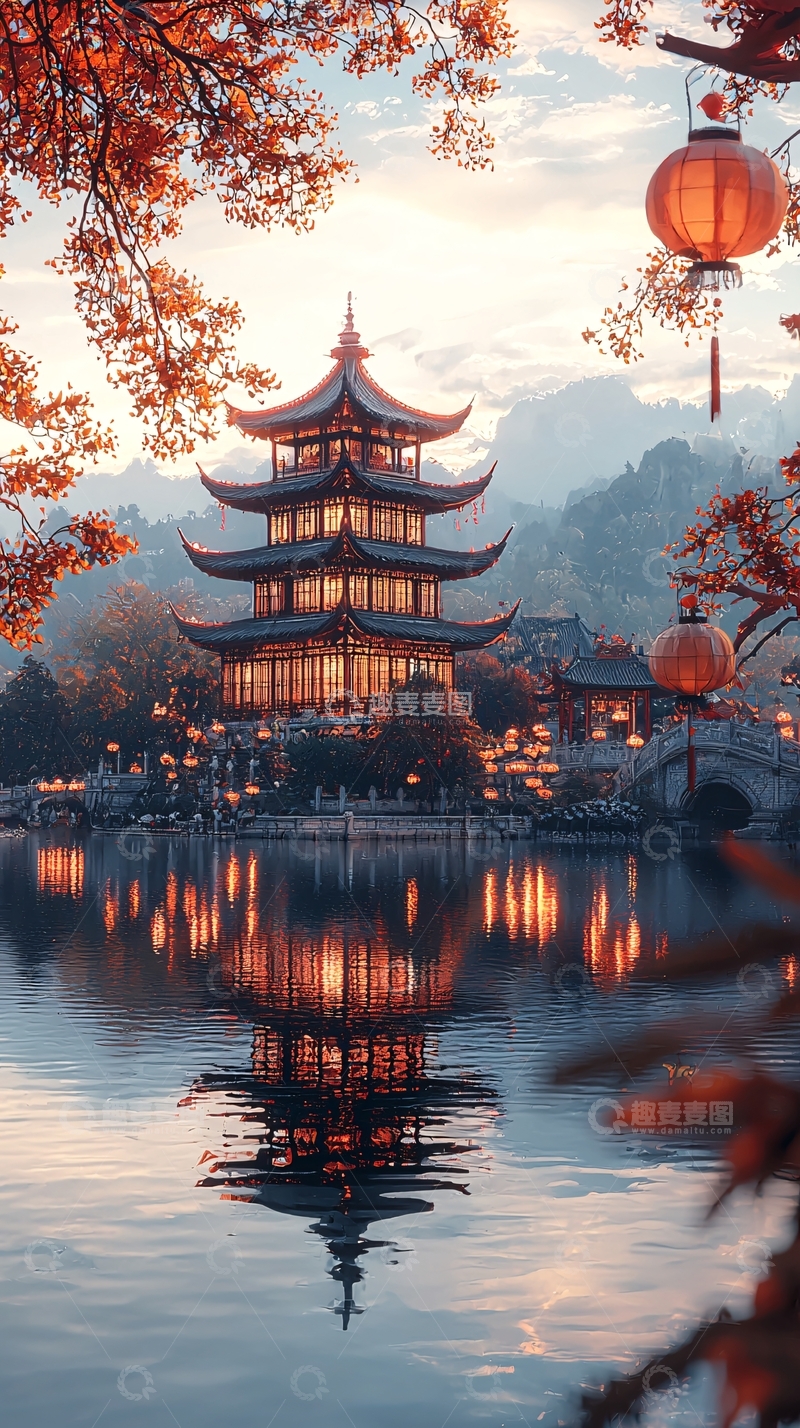 高清大图下载【趣麦麦图】秋日古塔湖边景色