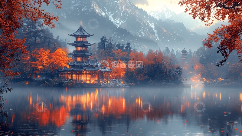 高清大图下载【趣麦麦图】山水塔楼水面倒影