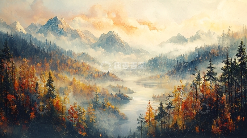 高清大图下载【趣麦麦图】雾气弥漫的山谷秋景