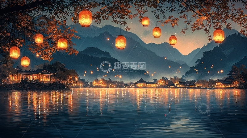 高清大图下载【趣麦麦图】山水间灯笼点缀的夜景