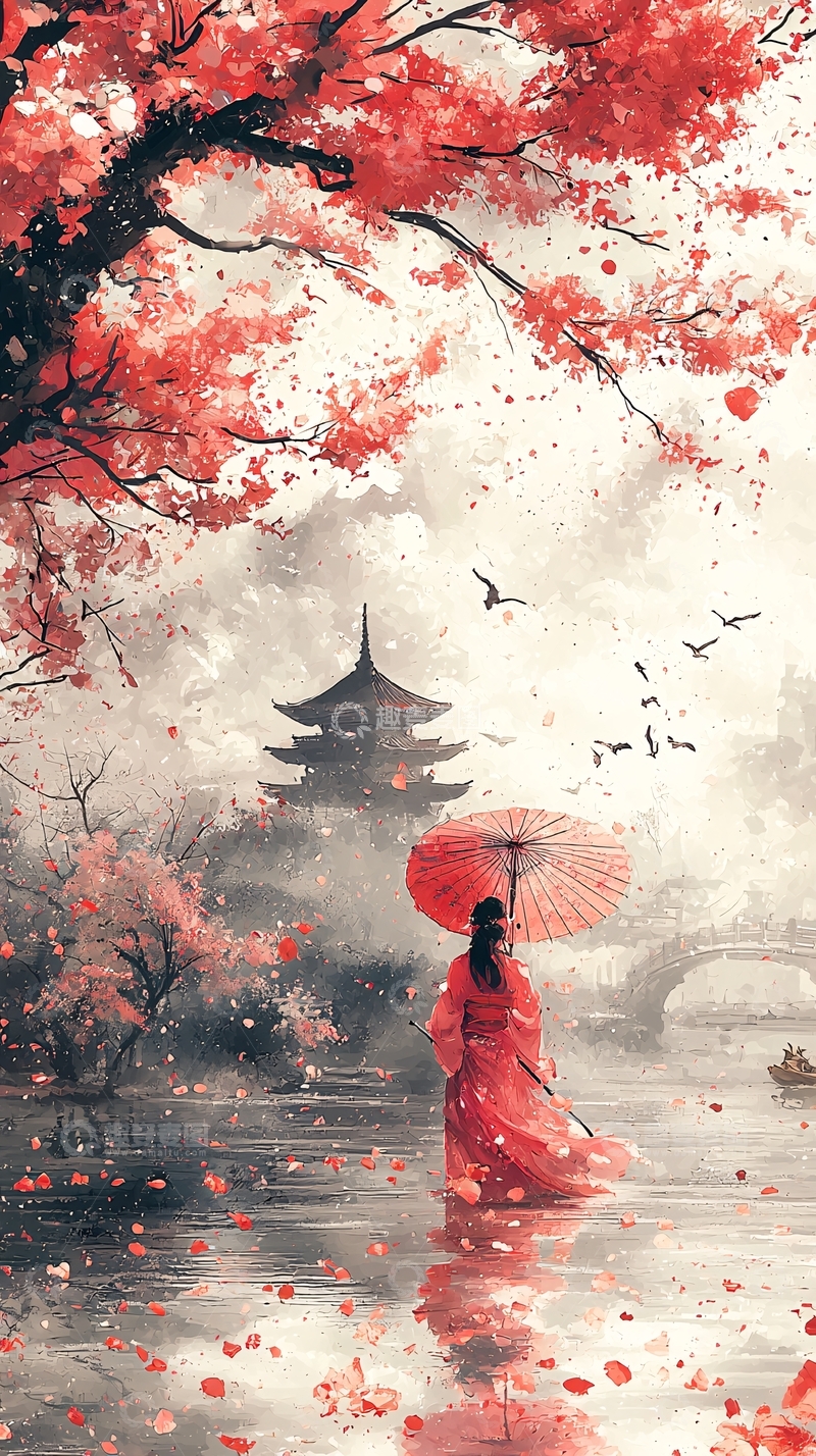 高清大图下载【趣麦麦图】红伞女子水墨画风