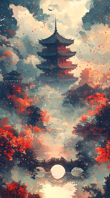 水墨风唯美塔楼景色