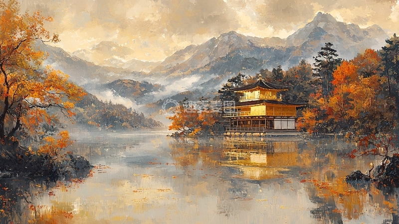 高清大图下载【趣麦麦图】湖畔金色建筑风景画