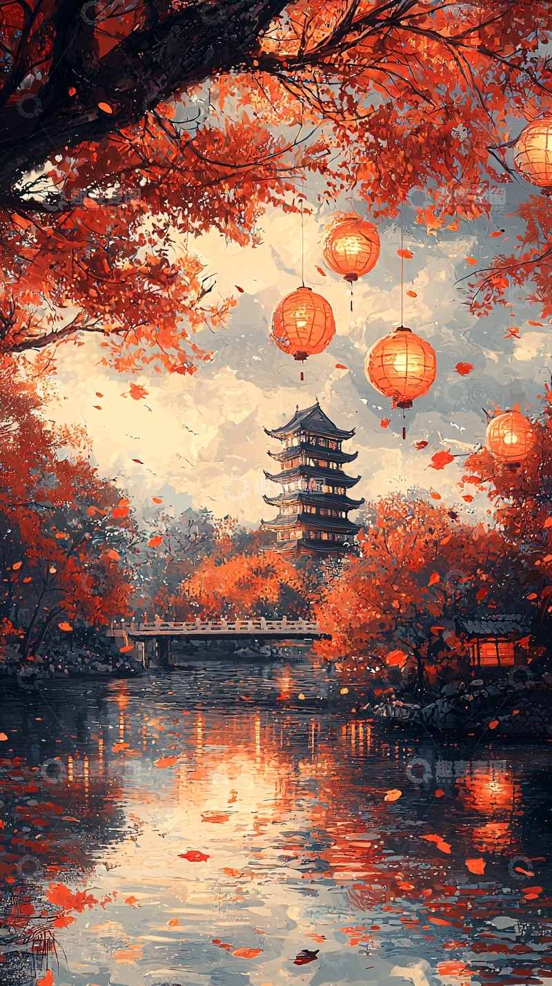 高清大图下载【趣麦麦图】秋日红叶古塔夜景