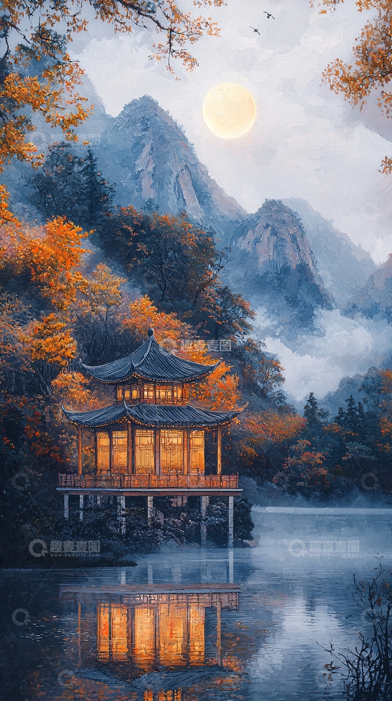高清大图下载【趣麦麦图】湖边中国古风建筑月夜