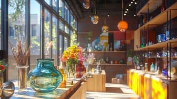 阳光洒进玻璃窗的时尚店铺