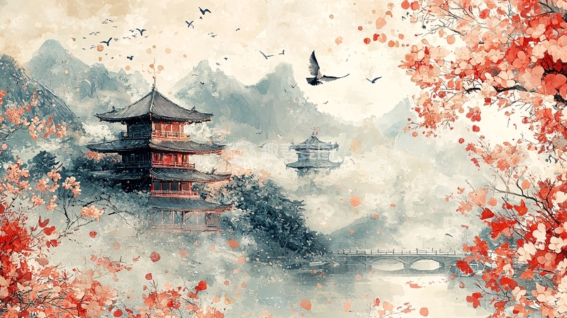 高清大图下载【趣麦麦图】水墨风古建筑桃花