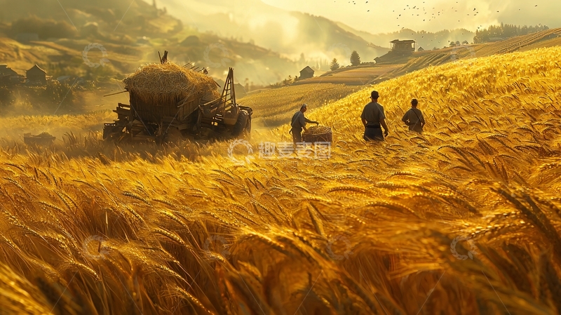 高清大图下载【趣麦麦图】金色麦田秋收景象