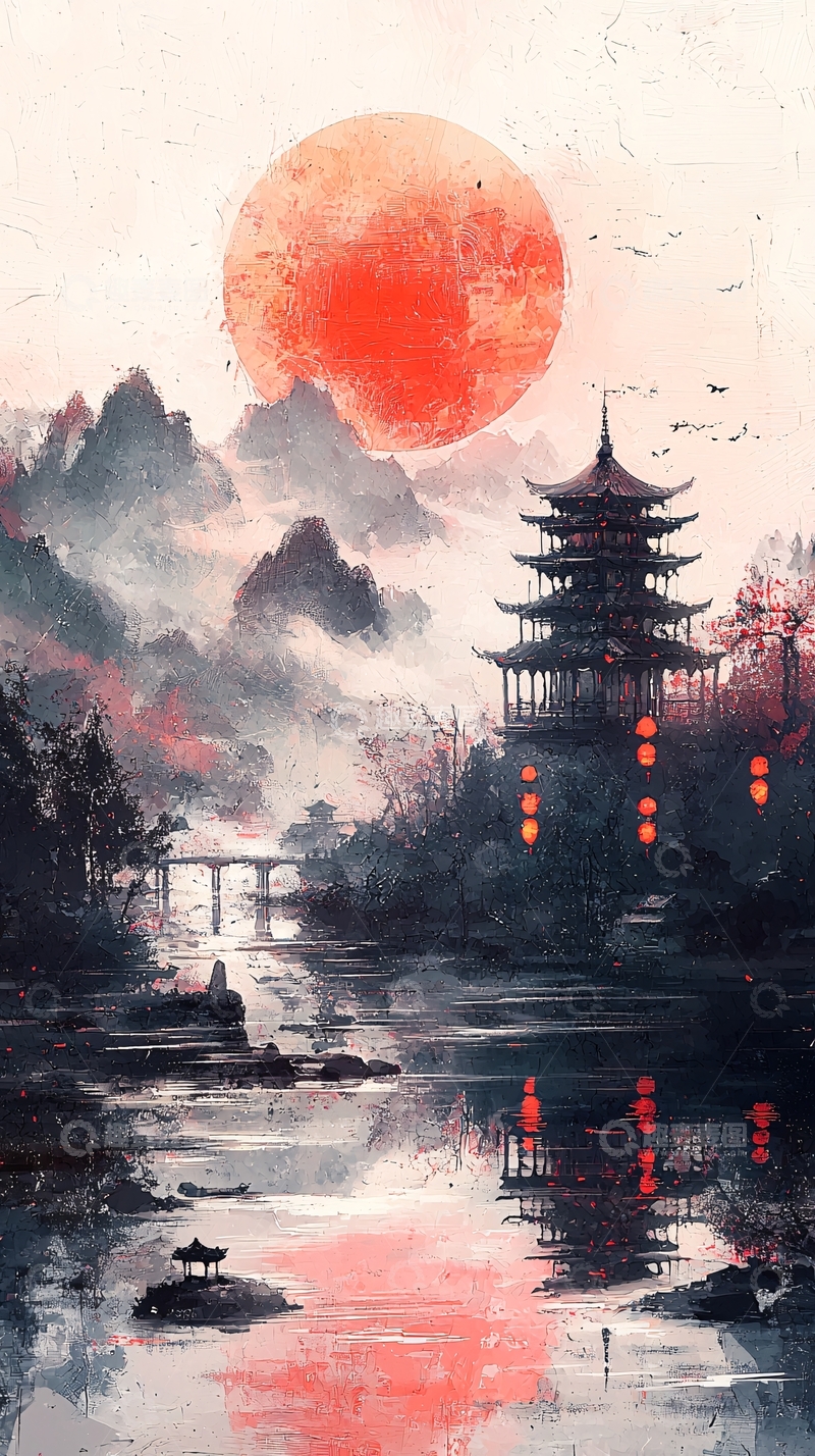 高清大图下载【趣麦麦图】水墨风山水楼阁红日