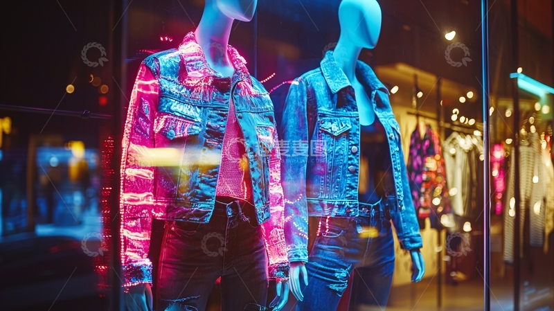 高清大图下载【趣麦麦图】霓虹灯下的牛仔外套橱窗