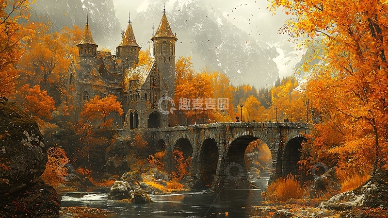 高清大图下载【趣麦麦图】秋日城堡与桥梁的童话意境