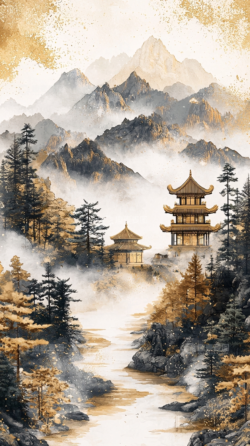 高清大图下载【趣麦麦图】水墨山水间的古建筑