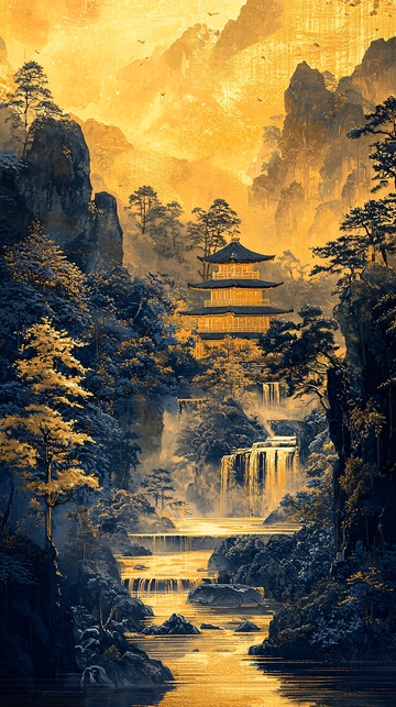 金色山水间的古风宝塔