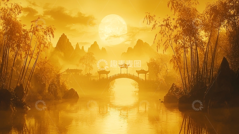 高清大图下载【趣麦麦图】金色梦幻山水画风