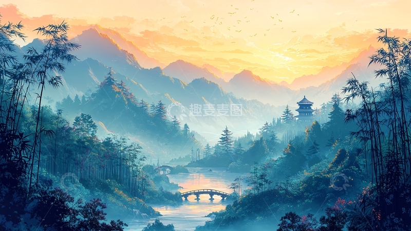 高清大图下载【趣麦麦图】水墨风格的远山风景