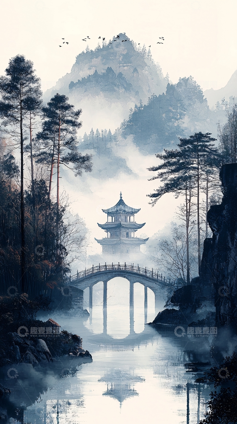 高清大图下载【趣麦麦图】水墨风山水亭台楼阁