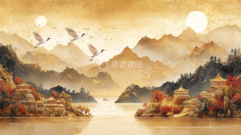 高清大图下载【趣麦麦图】水墨山水仙鹤金色背景