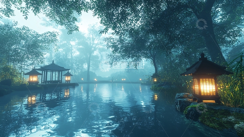 高清大图下载【趣麦麦图】宁静水面上的东方凉亭灯光