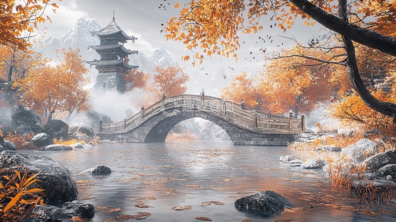 高清大图下载【趣麦麦图】秋日古风塔桥流水