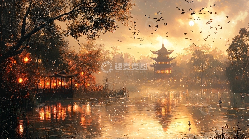 高清大图下载【趣麦麦图】宁静水面上的古风建筑