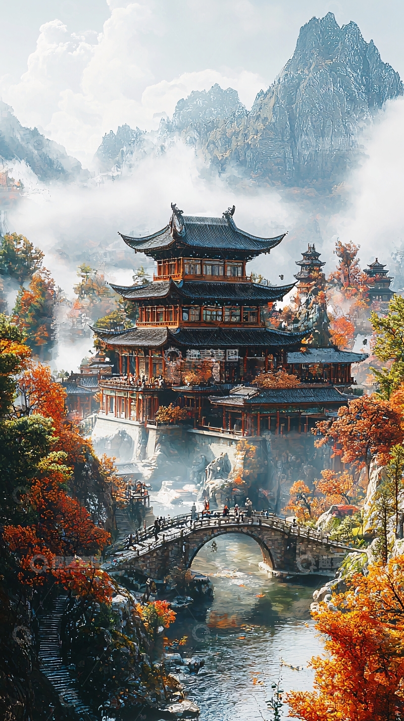 高清大图下载【趣麦麦图】仙境古寺山峦秋景