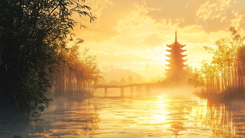 高清大图下载【趣麦麦图】日落下的宁静塔影