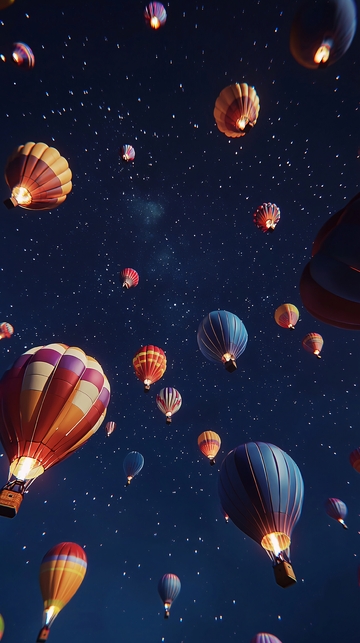 夜空中飞行的彩色热气球
