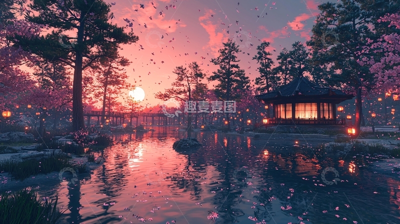 高清大图下载【趣麦麦图】-唯美粉色天空下的湖边凉亭