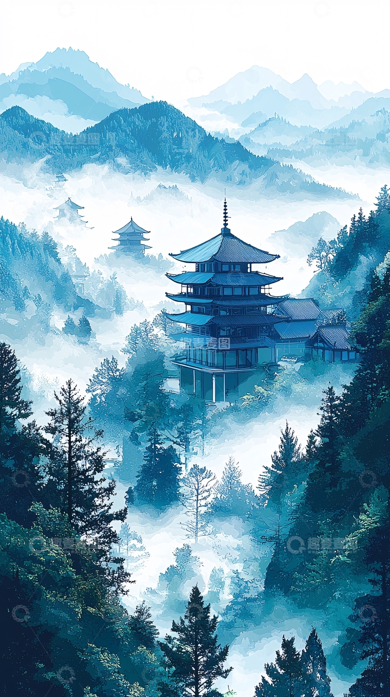 高清大图下载【趣麦麦图】水墨画风的山间寺庙