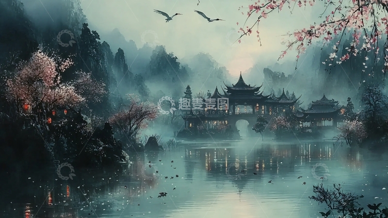 高清大图下载【趣麦麦图】水墨风格古风建筑山水画