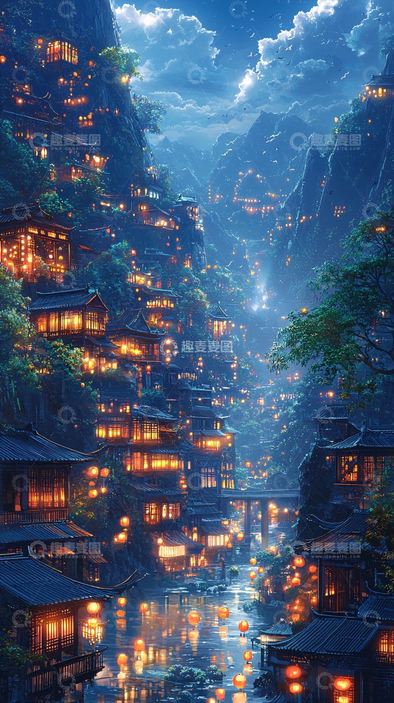 高清大图下载【趣麦麦图】山间夜景小镇