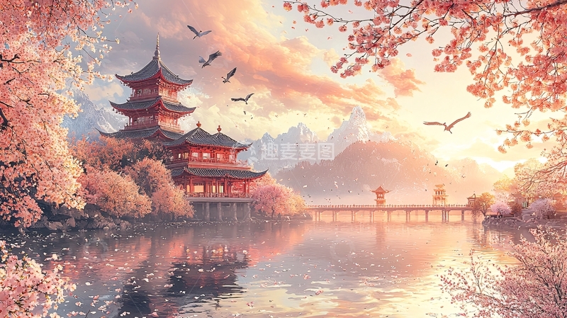 高清大图下载【趣麦麦图】樱花树下的古建筑