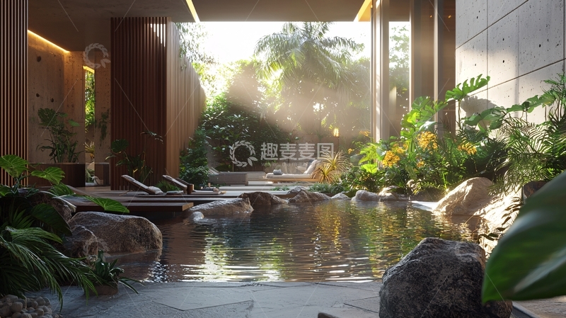 高清大图下载【趣麦麦图】阳光透过树林洒在温泉上