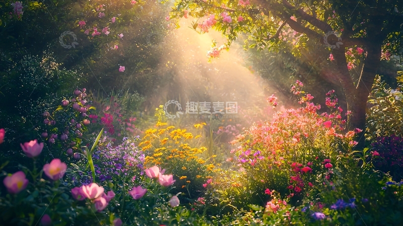 高清大图下载【趣麦麦图】阳光透过树林洒在花园