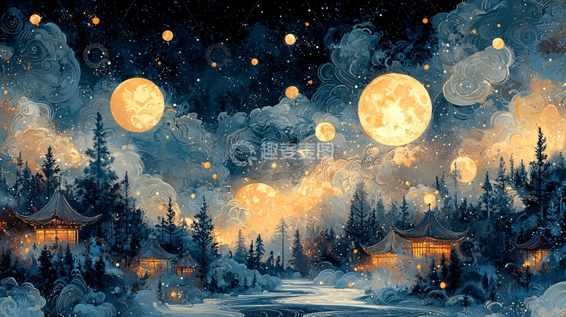 高清大图下载【趣麦麦图】夜空中的月亮和村庄