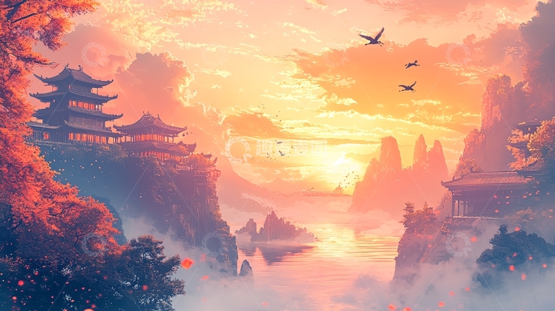 高清大图下载【趣麦麦图】国风夕阳下的山水建筑