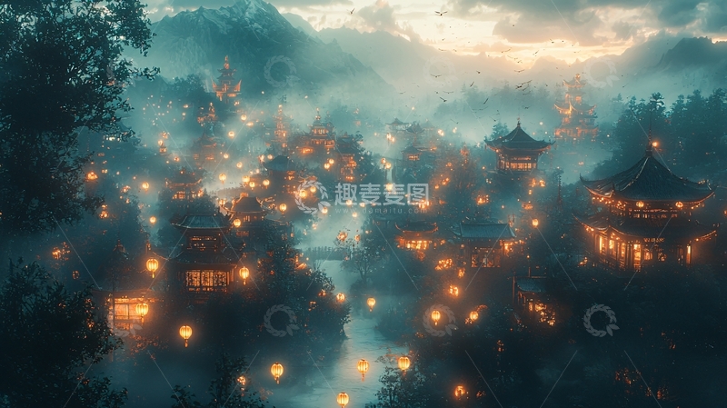 高清大图下载【趣麦麦图】山间雾气缭绕的古镇夜景
