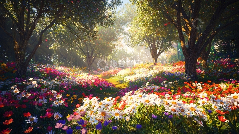 高清大图下载【趣麦麦图】阳光森林鲜花盛开