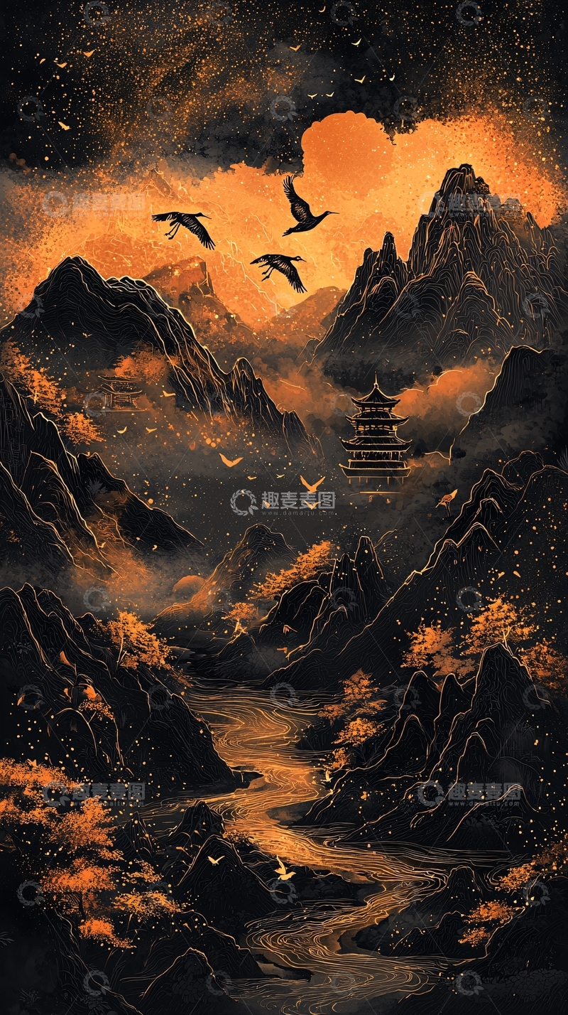 高清大图下载【趣麦麦图】水墨风山水画