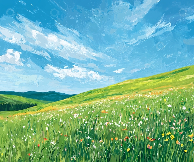 高清大图下载【趣麦麦图】蓝天白云下的绿色山坡花田