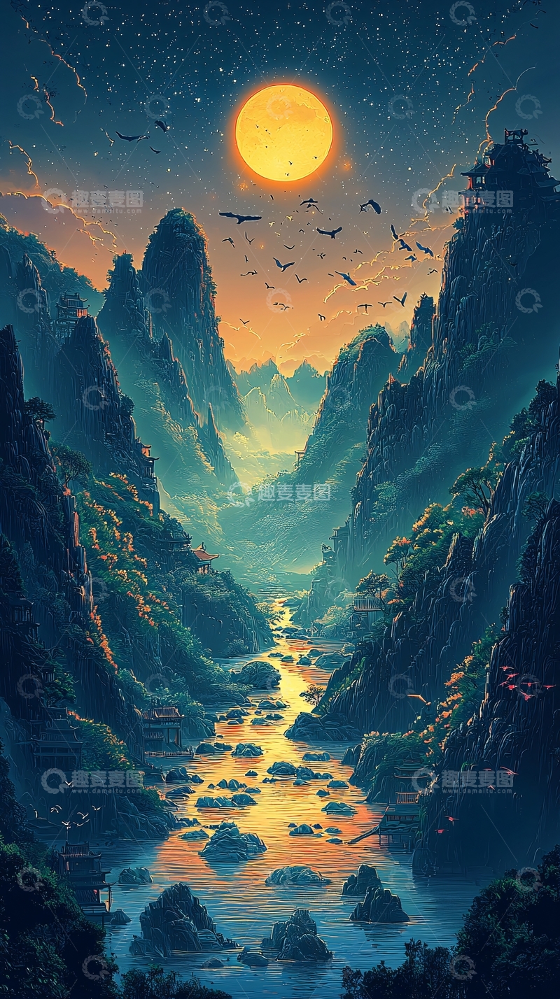 高清大图下载【趣麦麦图】山间河流的月夜美景