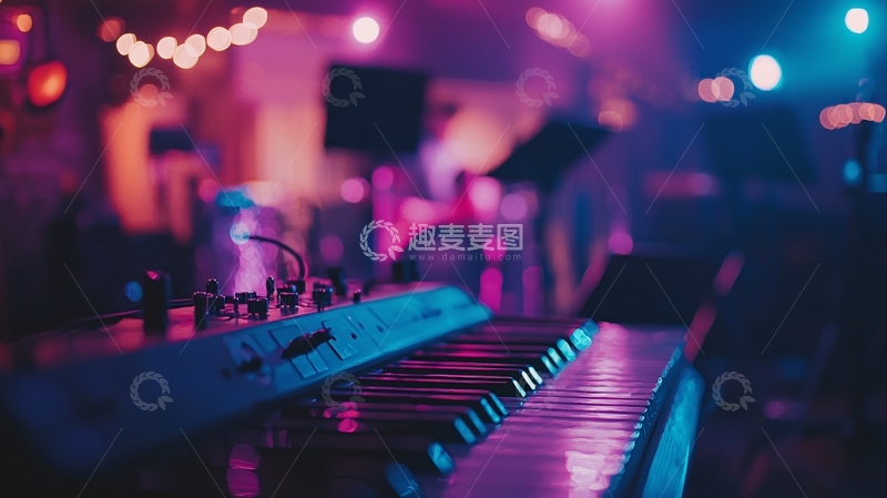 高清大图下载【趣麦麦图】紫色灯光下的电子琴
